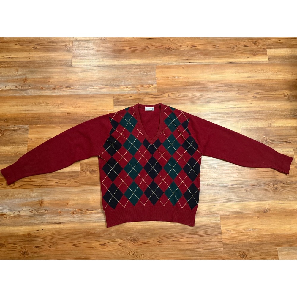 The‎ Scotch House Vintage Argyle V-Neck Sweater Red Lambswool Made in Scotland L